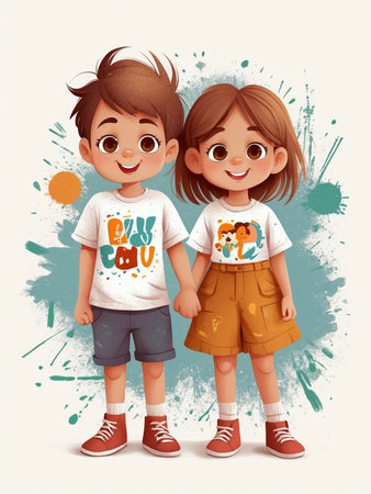 Bright cute boys and girls in cartoon style on a white background.の素材