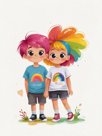 Bright cute boys and girls with rainbow colored hair in cartoon style on a white background.の素材