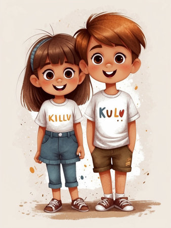 Bright cute boys and girls in cartoon style on a white background.の素材