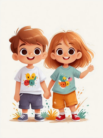 Colorful Watercolor Cartoon of a Cute and Cheerful Romantic Coupleの素材
