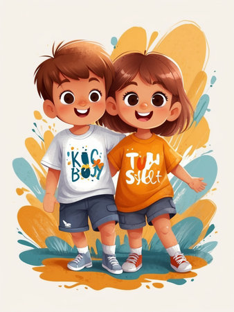 Colorful Watercolor Cartoon of a Cute and Cheerful Romantic Coupleの素材