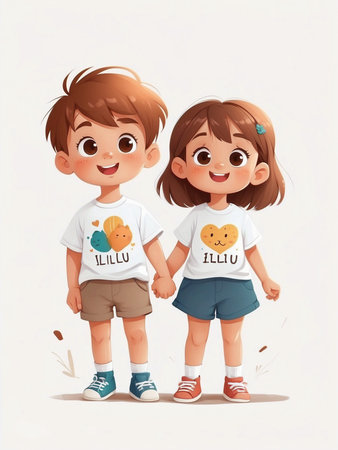 Colorful Watercolor Cartoon of a Cute and Cheerful Romantic Coupleの素材