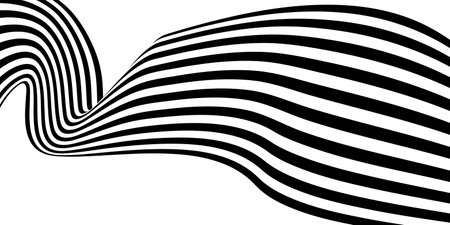 Abstract 3D black and white line wave art background showcases dynamic, flowing lines that create a sense of movement and depth. The minimalist design features high-contrast black and white patternsのイラスト素材