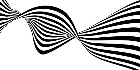 Abstract 3D black and white line wave art background showcases dynamic, flowing lines that create a sense of movement and depth. The minimalist design features high-contrast black and white patternsのイラスト素材