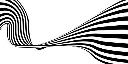 Abstract 3D black and white line wave art background showcases dynamic, flowing lines that create a sense of movement and depth. The minimalist design features high-contrast black and white patternsのイラスト素材
