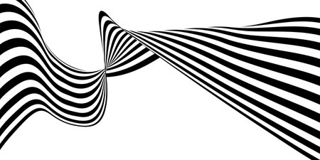 Abstract 3D black and white line wave art background showcases dynamic, flowing lines that create a sense of movement and depth. The minimalist design features high-contrast black and white patternsのイラスト素材