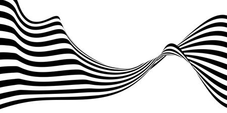 Abstract 3D black and white line wave art background showcases dynamic, flowing lines that create a sense of movement and depth. The minimalist design features high-contrast black and white patternsのイラスト素材