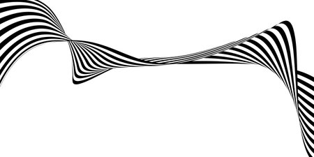 Abstract 3D black and white line wave art background showcases dynamic, flowing lines that create a sense of movement and depth. The minimalist design features high-contrast black and white patternsのイラスト素材