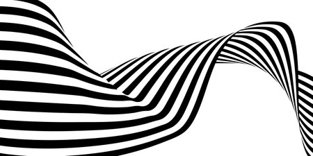 Abstract 3D black and white line wave art background showcases dynamic, flowing lines that create a sense of movement and depth. The minimalist design features high-contrast black and white patternsのイラスト素材