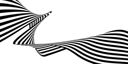 Abstract 3D black and white line wave art background showcases dynamic, flowing lines that create a sense of movement and depth. The minimalist design features high-contrast black and white patternsのイラスト素材