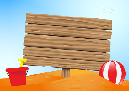 Wooden old board on the sand beach with beach ball,bucket and spade designのイラスト素材
