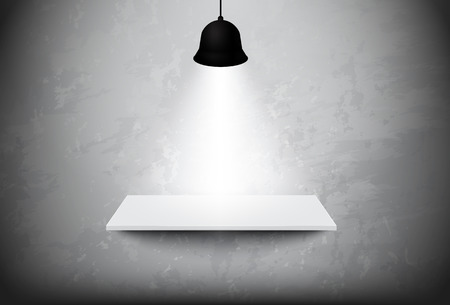 Empty white shelf hanging on the concrete wall with light ceiling lamp,vector designのイラスト素材