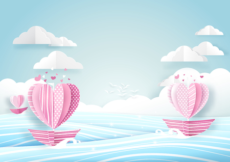 Heart shape boat in the sea and cloud sky. Love concept. Paper art and origami styleのイラスト素材
