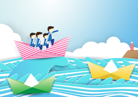 Business team work concept. businessman with leader on boat in the waves sea. Paper art and craft styleのイラスト素材
