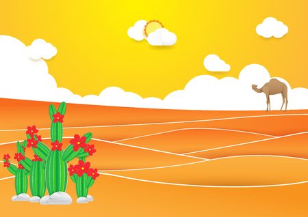 Desert landscape. Cactus and camel in desert with Sunset on a background. Paper art and craft styleのイラスト素材