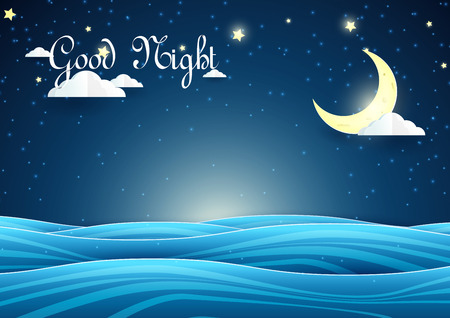 Paper art Night sky landscape crescent moon with star on the seaのイラスト素材