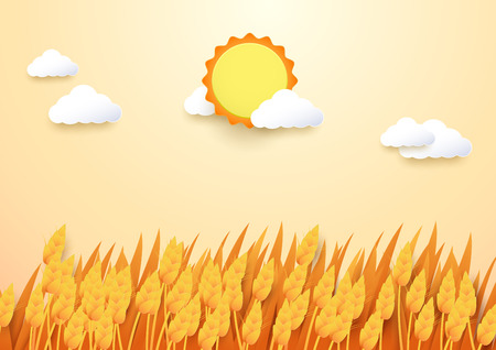 Paper art style Barley field with sun and cloud backgroundのイラスト素材