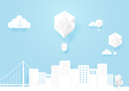 White mocup urban landscape and hot air balloons flying on blue sky background. Paper art and craft styleのイラスト素材
