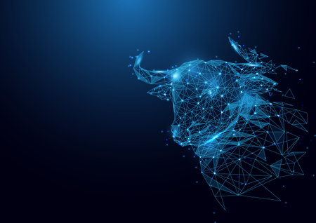 Low polygon Bull head wireframe mesh on blueのイラスト素材