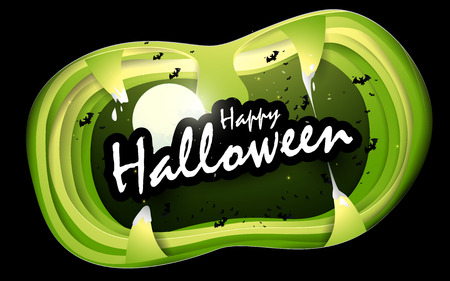 Halloween text in mouth of monster. Happy Halloween design illustration. Paper art and craft styleのイラスト素材