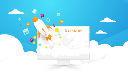 Start up background. Computer and Rocket launch out to the sky with social media icons. Illustration and vectorのイラスト素材