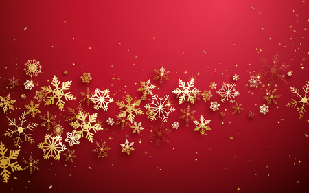 Merry Christmas and Happy new year. Abstract gold snowflakes on red backgroundのイラスト素材