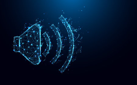 Abstract sound speaker volume form lines and triangular point connecting network on blue backdrop.のイラスト素材