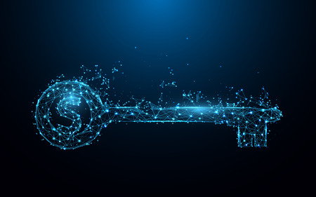 Abstract Dollar key form lines and triangular, point connecting network on blue backdrop.のイラスト素材