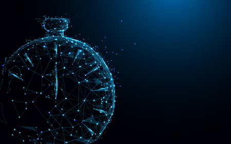 Clock form lines and triangles, point connecting network on blue background. Illustration vectorのイラスト素材