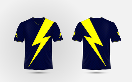 Blue and yellow layout sport shirt design template. Lightning, electric power concept designのイラスト素材