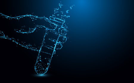 Hand Holding Test tubes form lines, triangles and particle style design. Illustration vectorのイラスト素材