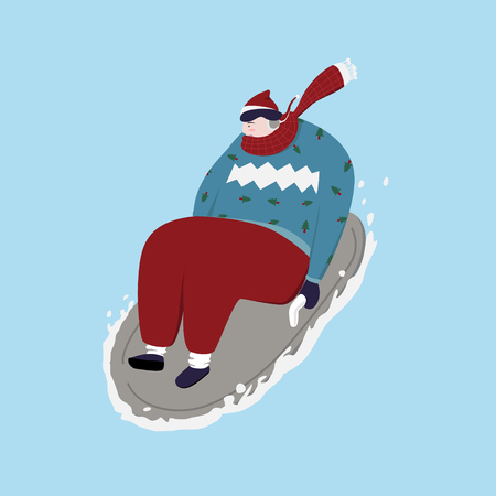 Young man play sledding in snow. Cartoon and Illustration vectorのイラスト素材