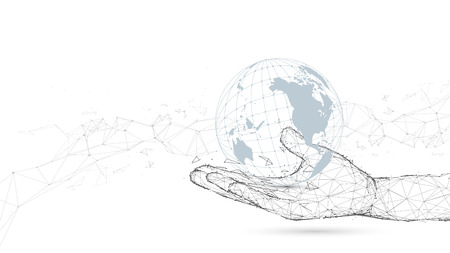 Hand holding with global connection. Lines and particle styleのイラスト素材