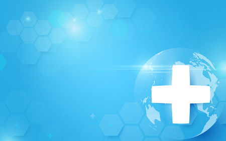 Medicine and science with global. Abstract digital hi tech hexagons on blue backgroundのイラスト素材