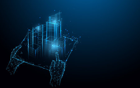 Hands holding blue print with architect form lines, triangles and particle style design....