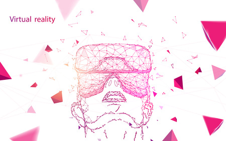 Man wearing virtual reality goggles. Abstract lines, triangles and particle style design. Illustration vectorのイラスト素材