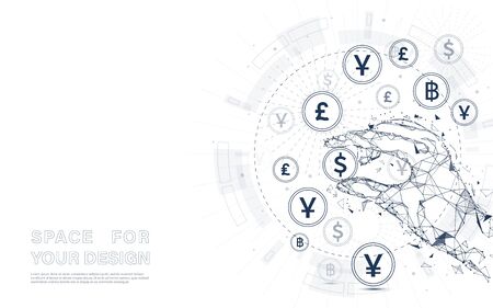 Human hand holding currency coin. Money transfer. Global Currencyのイラスト素材
