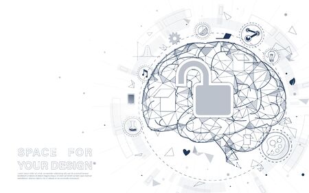 Unlock creativity brain form lines, triangles and particle style design. Illustration vectorのイラスト素材