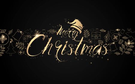 Christmas postcard with Calligraphy. Xmas objects with Sparkling lights garland. Luxury gold element backgroundのイラスト素材