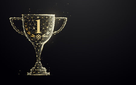 Golden trophy cup from lines, triangles and particle style design. Illustration vectorのイラスト素材