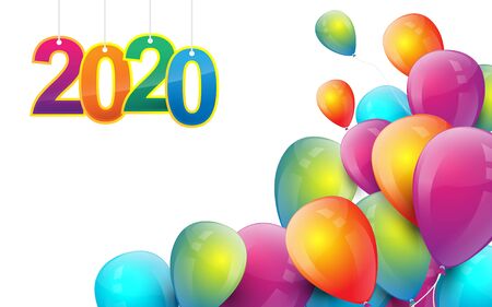 Happy new year 2020 banner. Flying colorful balloons party decorationのイラスト素材