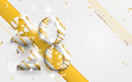 Happy new year banner. Gold and white stripes 2020 with golden garland, glitter confetti on white backgroundのイラスト素材