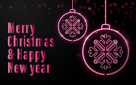 Happy new year banner. Neon sign of Christmas balls with christmas calligraphy on black backgroundのイラスト素材