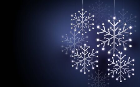 Merry Christmas and Happy New Year banner. Abstract silver snowflakes on dark purple background. Paper art and craft design. Space for your designのイラスト素材