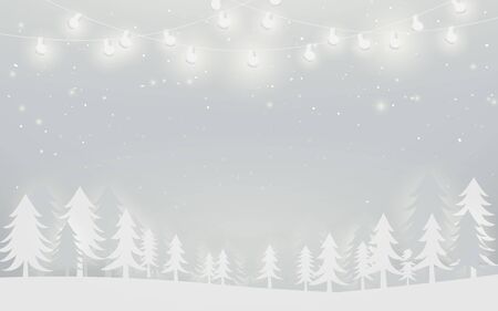 Merry Christmas and Happy New Year banner. winter landscape and snowflakes, christmas trees background. Paper art and craft design. White backgroundのイラスト素材