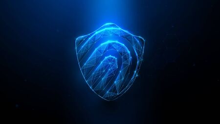 Cyber security concept. Fingerprint and protection shield  from lines, triangles, particle, Low poly and wireframe design. Vector illustrationのイラスト素材