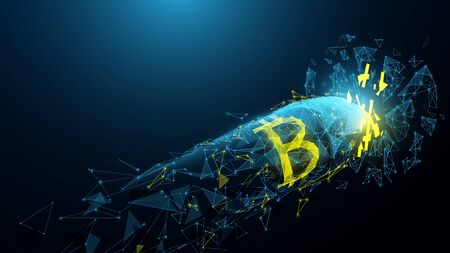 Digital financial. Online money. Bitcoin bullet sign shot smashed the dollar coin from lines, triangles, particle, low poly and wireframe design. Vector illustrationのイラスト素材