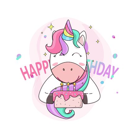 Cute Unicorns Like a Surprise Birthday. Birthday Cakeのイラスト素材