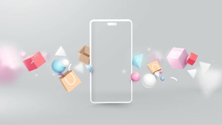Shopping Online with Realistic Modern Smartphone. Virtual Realistic Geometry, Gifts, Shopping items. Marketing and Digital marketingのイラスト素材