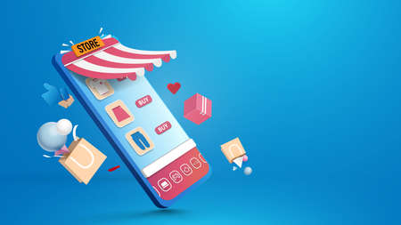 Shopping online in smartphone application. Digital marketing. Vector illustrationのイラスト素材